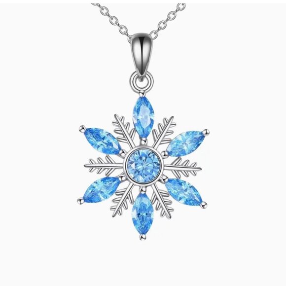 Silver Tone Snowflake Necklace With Blue Crystals Pendant - Picture 1 of 2